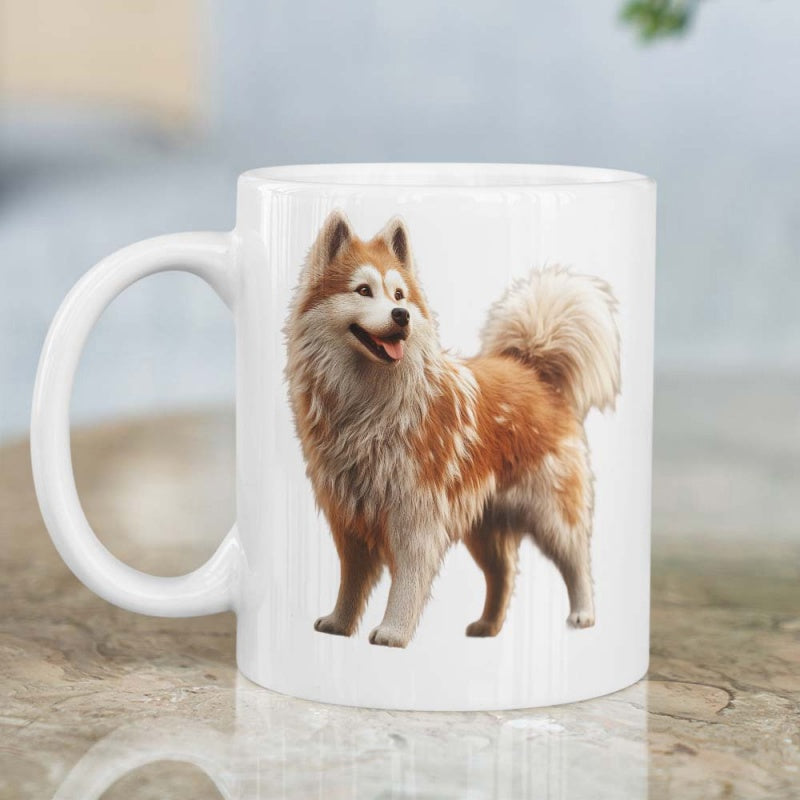 Tailorly White Ceramic 11 oz Mug - Fluffy Brown And White Furry Spitz Type In Alert Standing Pose Dog