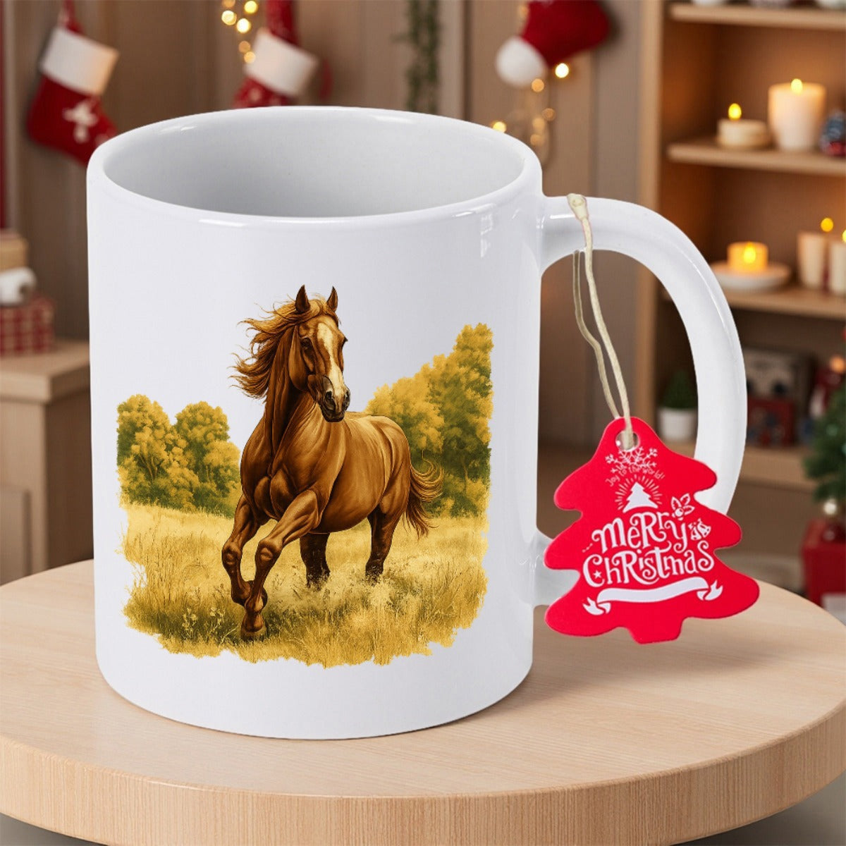 Tailorly White Ceramic 11 oz Mug - Merry Christmas Majestic Brown Stallion Galloping Through A Golden Autumn Field Horse