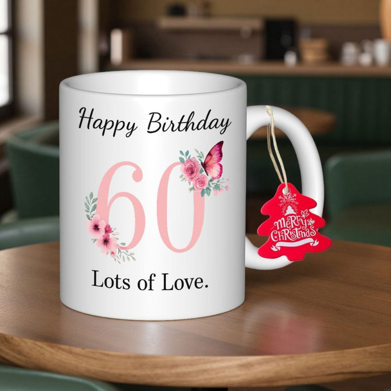 Tailorly White Ceramic 11 oz Mug - Happy Birthday 60 Lots Of Love Delicate Pink Roses And Butterfly With Green Leaves Adorning Large Numbers Butterfly