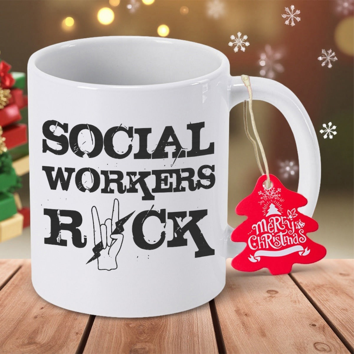 Tailorly White Ceramic 11 oz Mug - Social Workers Rock Bold Distressed Letters Integrated With Symbolic Hand Gesture
