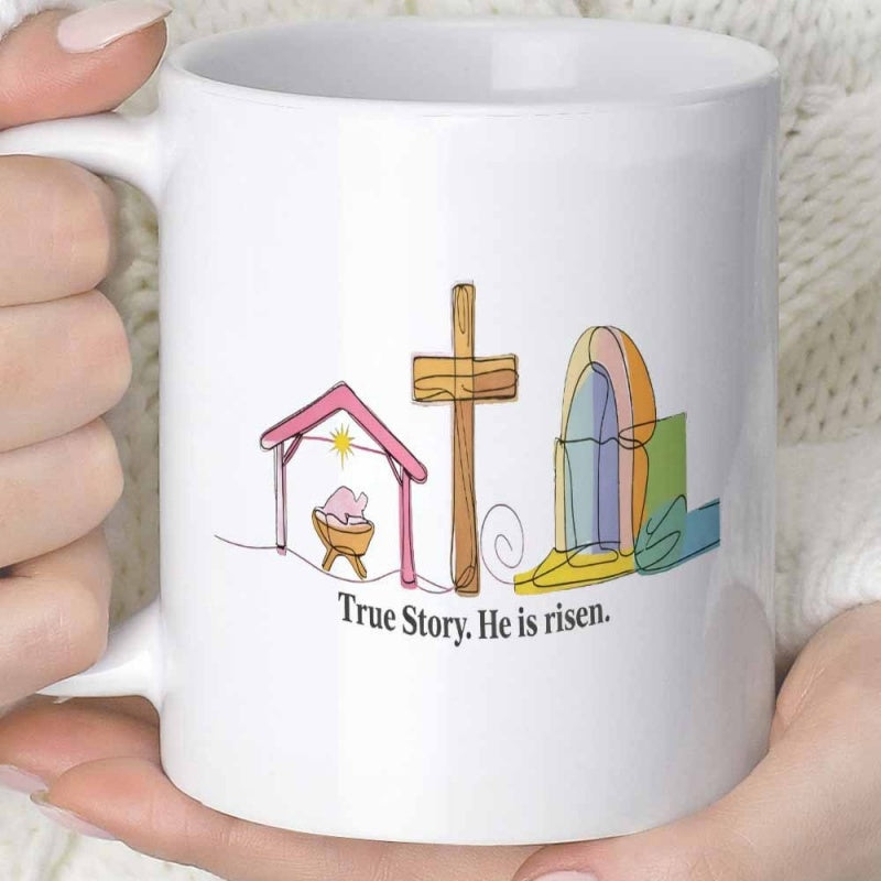 Tailorly White Ceramic 11 oz Mug - True Story He Is Risen Minimalist Colorful Line Art Depicting The Sacred Christian Symbols Cross