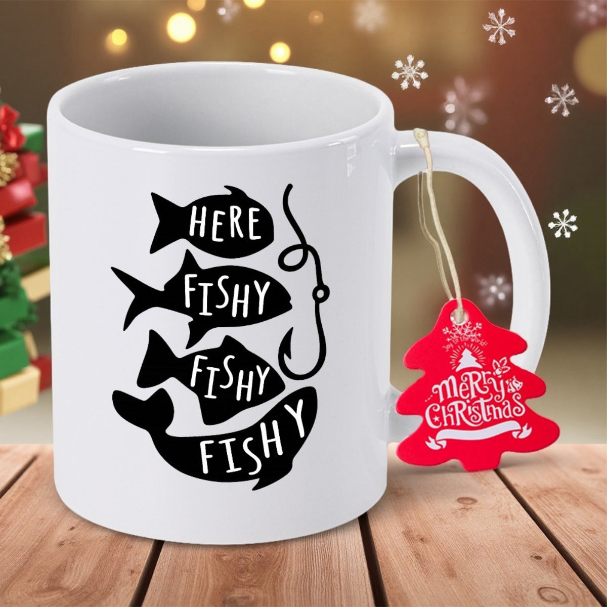 Tailorly White Ceramic 11 oz Mug - Here Fishy Fishy Fishy Four Stacked Black Fish Silhouettes Next To A Curved Hook Fish