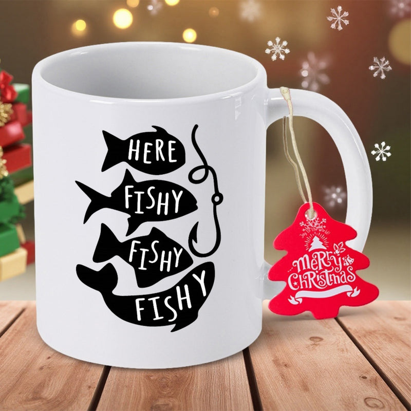 Tailorly White Ceramic 11 oz Mug - Here Fishy Fishy Fishy Four Stacked Black Fish Silhouettes Next To A Curved Hook Fish