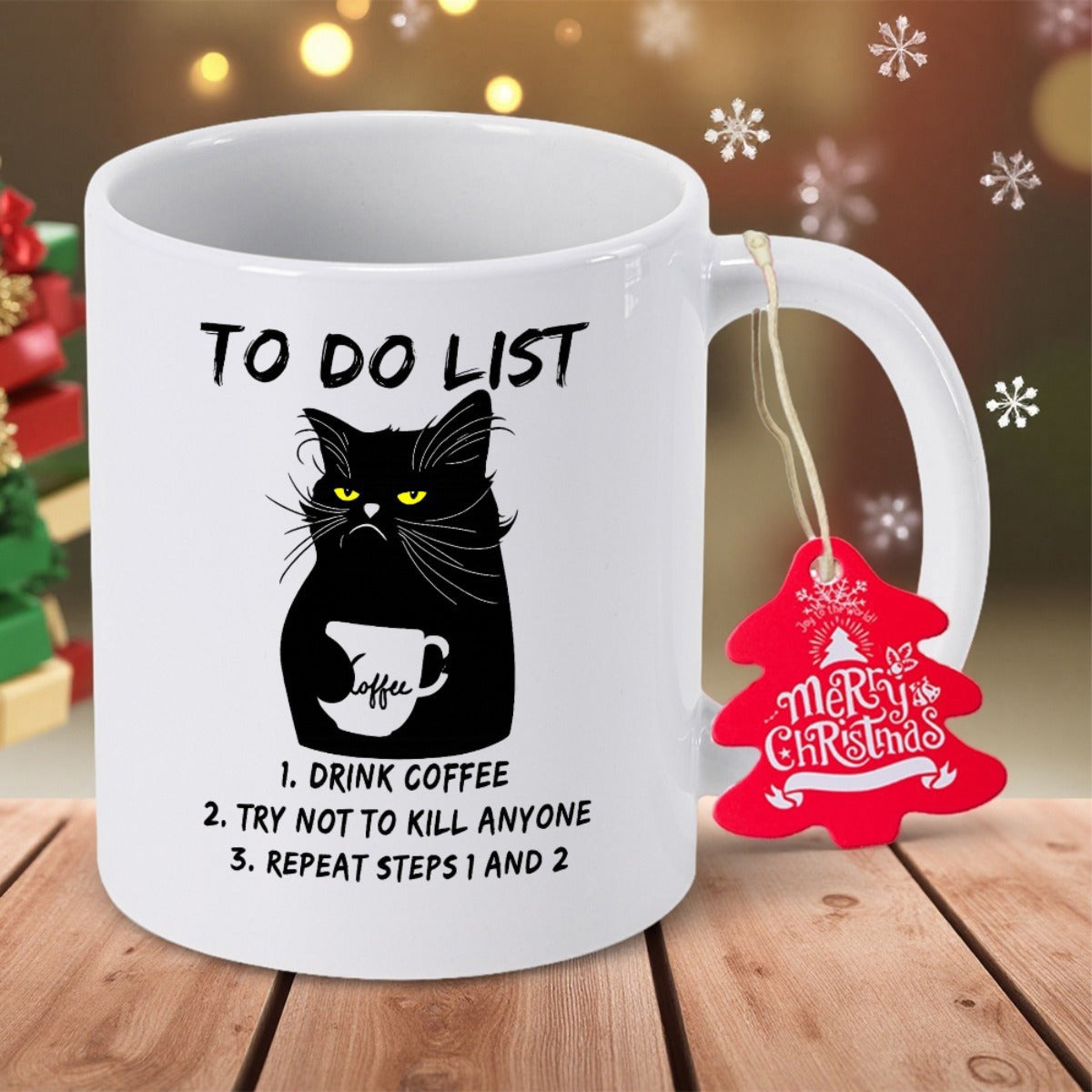 Tailorly White Ceramic 11 oz Mug - To Do List Drink Coffee Try Not To Kill Anyone Repeat Steps 1 And 2 Grumpy Black Cat Holding White Coffee Cup With Sarcastic