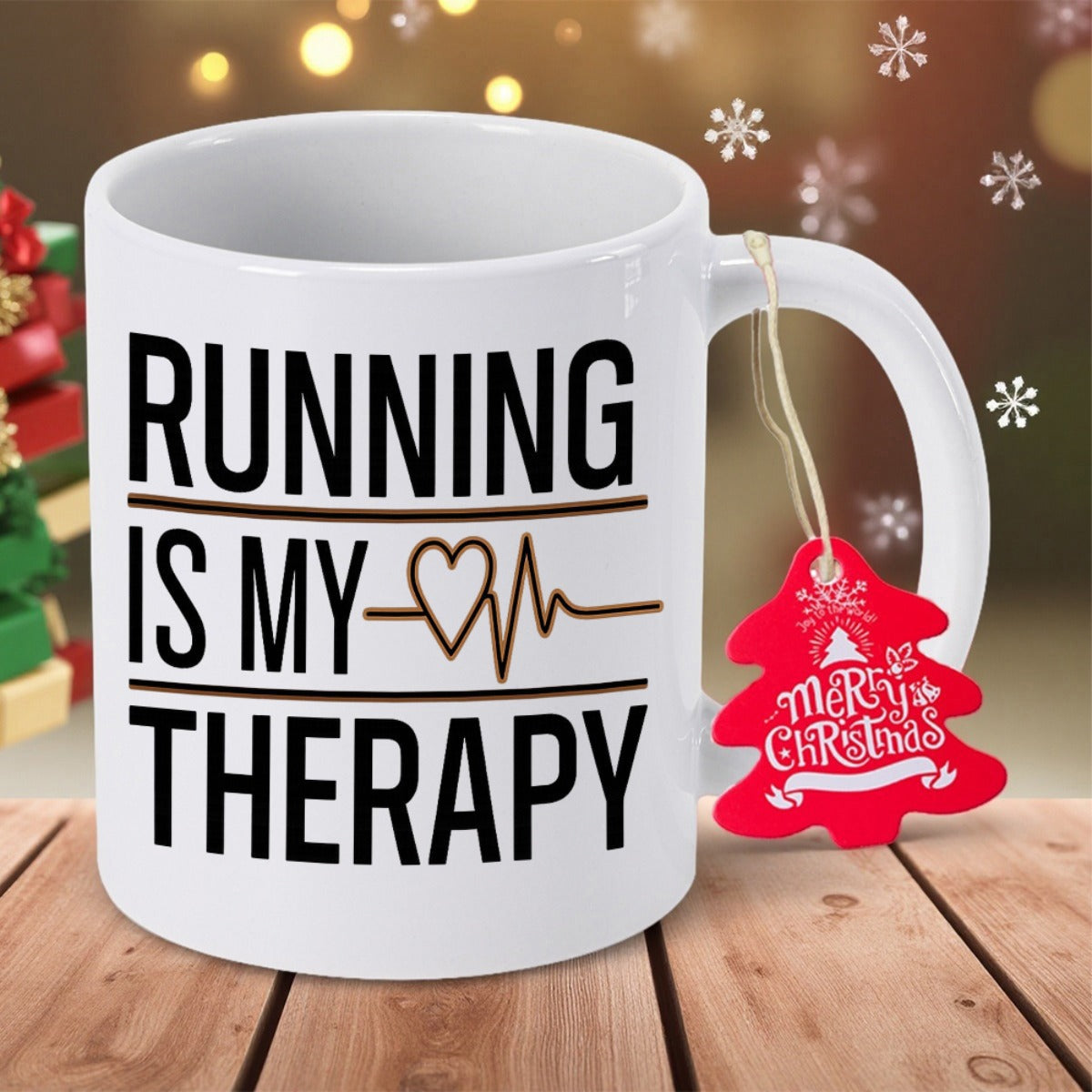Tailorly White Ceramic 11 oz Mug - Running Is My Therapy Simple Black Text With Elegant Heartbeat Line Graphic Design Mug