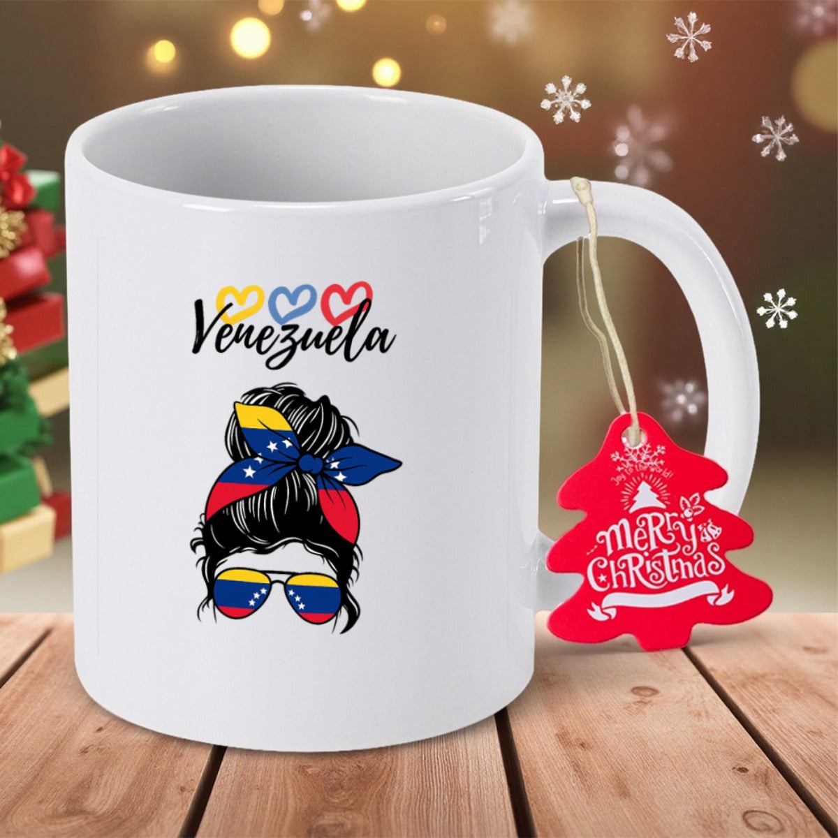 Tailorly White Ceramic 11 oz Mug - Venezuela Messy Bun Headband Sunglasses National Flag Colors Style Woman