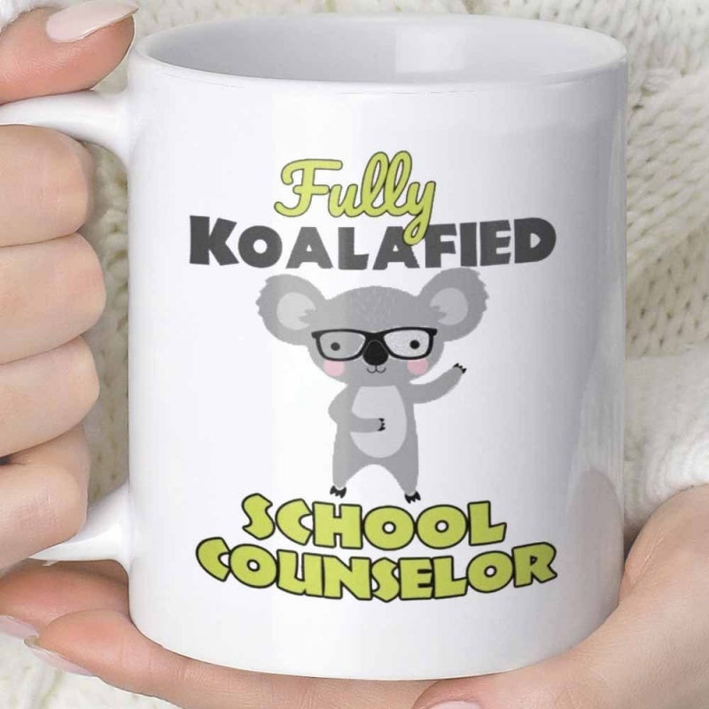 Tailorly White Ceramic 11 oz Mug - Fully Koalafied School Counselor Adorable Grey Cartoon Animal Wearing Black Frame Glasses Koala