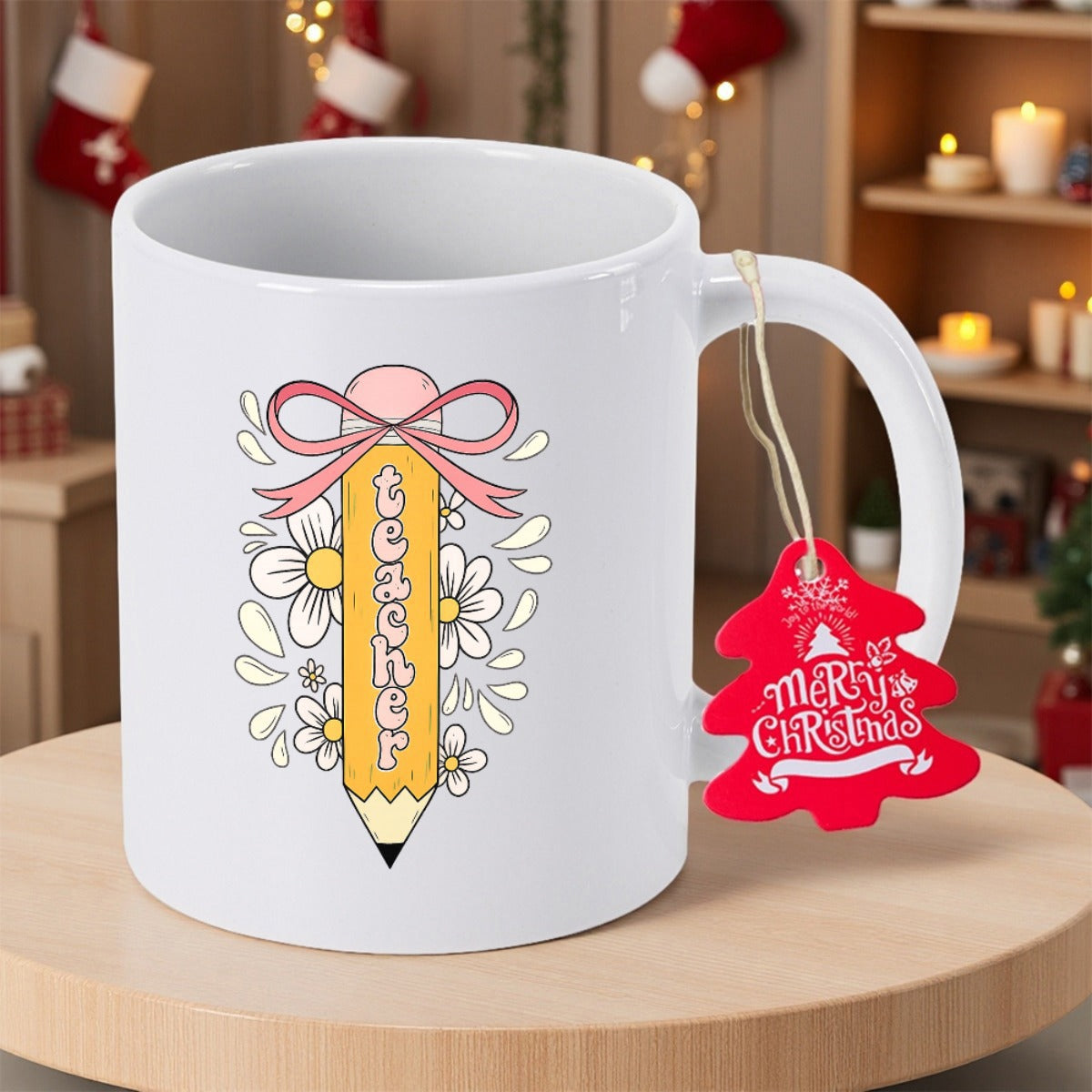 Tailorly White Ceramic 11 oz Mug - Teacher Yellow Surrounded By Blossoming White Daisies And Delicate Pink Ribbon Pencil