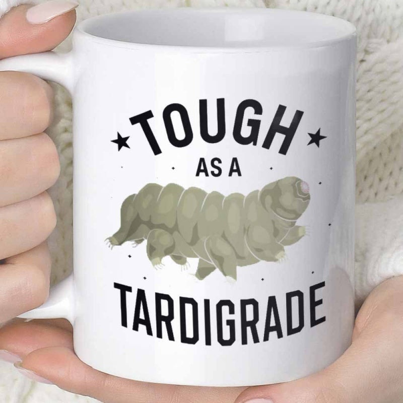 Tailorly White Ceramic 11 oz Mug - Tough As A Tardigrade Resilient Microscopic Organism Graphic With Small Stars And Bold Typography Tardigrade