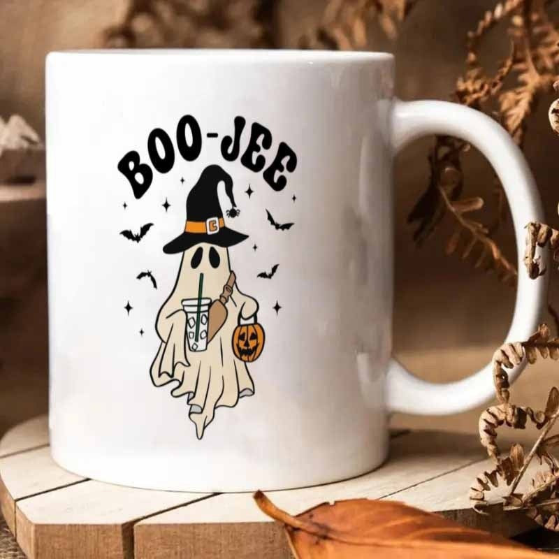 Tailorly White Ceramic 11 oz Mug - Boo Jee Cute Ghost Wearing Witch Hat Carrying Coffee And Pumpkin Bucket Ghost
