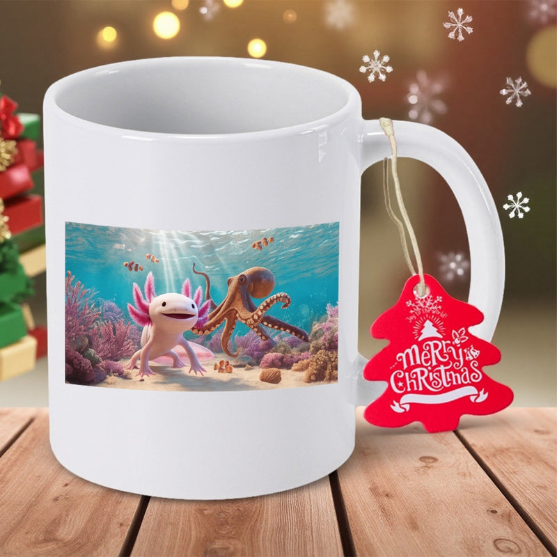 Tailorly White Ceramic 11 oz Mug - Merry Christmas Vivid Pink Axolotl Exploring Underwater Kingdom Alongside A Majestic Brown Octopus Axolotl