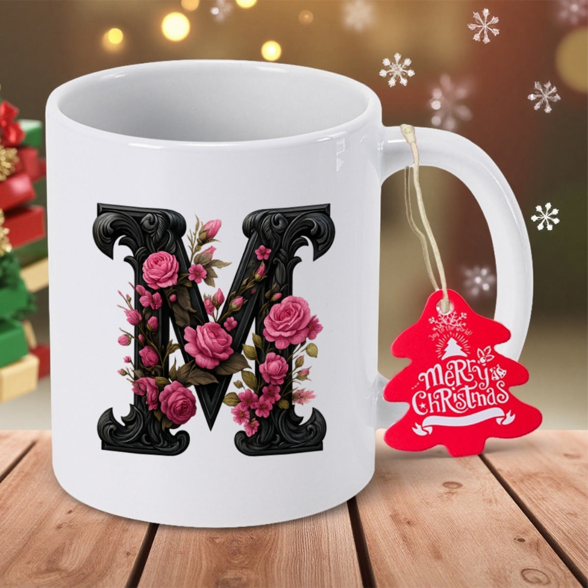 Tailorly White Ceramic 11 oz Mug - Merry Christmas Ornate Black Letter M Decorated With Elegant Pink Blooming Roses Initial