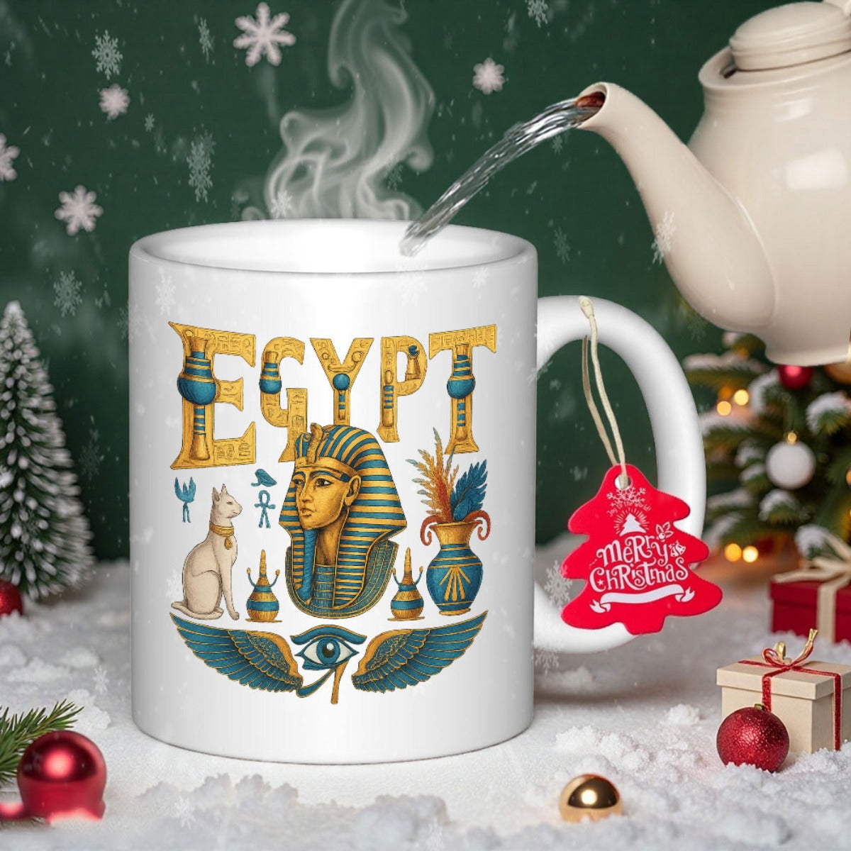 Tailorly White Ceramic 11 oz Mug - Egypt Ancient Golden Symbols Surrounding A Majestic Cultural Guardian Mask