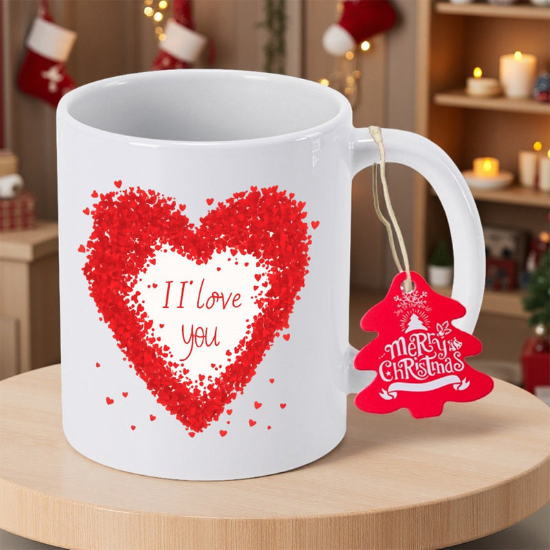 Tailorly White Ceramic 11 oz Mug - I Love You Merry Christmas Large Vibrant Red Mosaic Style Pattern Featuring Tiny Decorative Hearts Heart