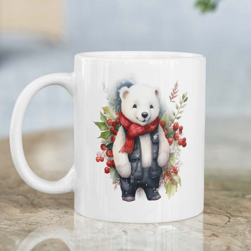 Tailorly White Ceramic 11 oz Mug - Adorable Polar Bear Wearing Red Scarf Standing Among Winter Holly Berries Polar Bear