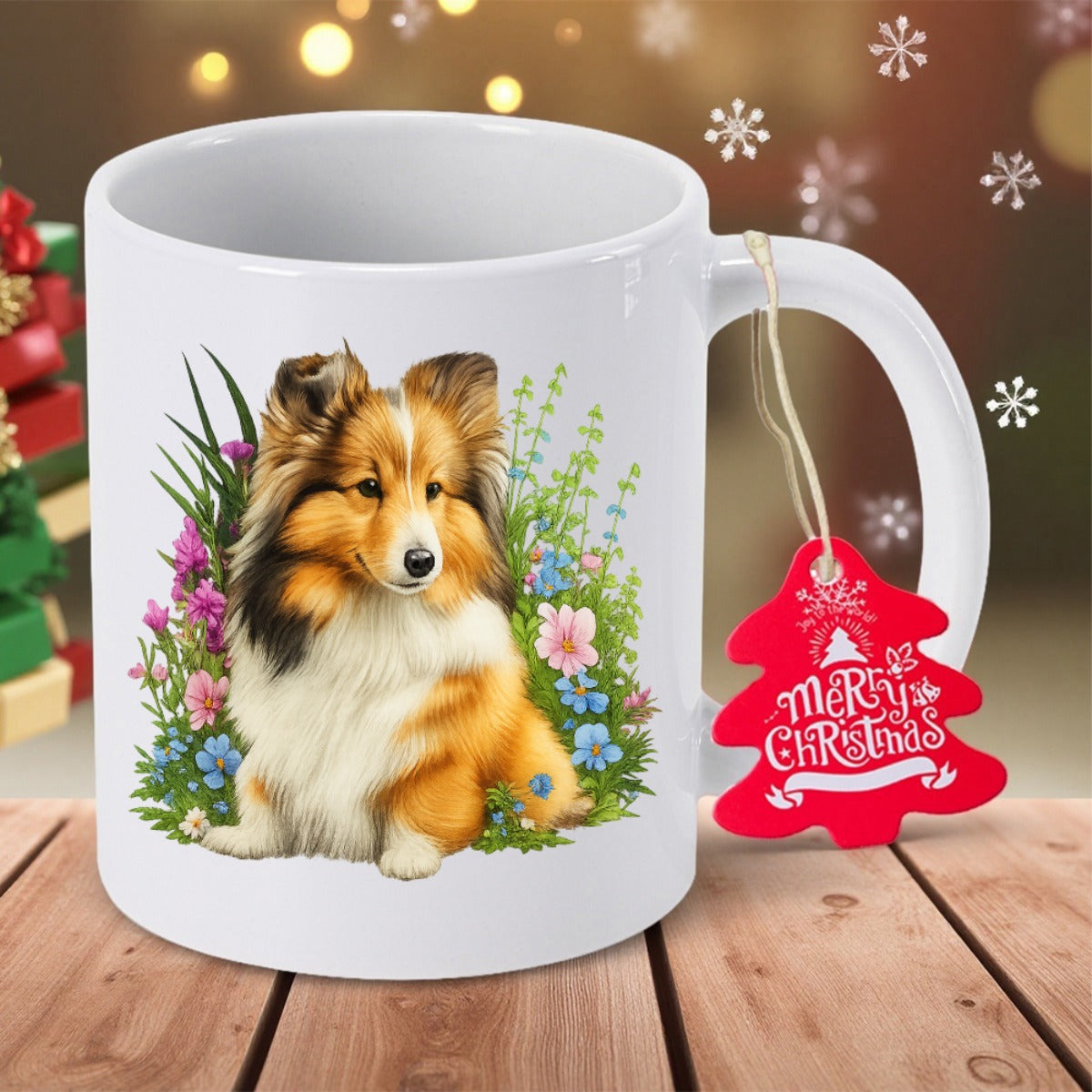 Tailorly White Ceramic 11 oz Mug - Merry Christmas Beautiful Long Haired Sheltie Sitting Amidst Blooming Spring Flowers And Foliage Dog