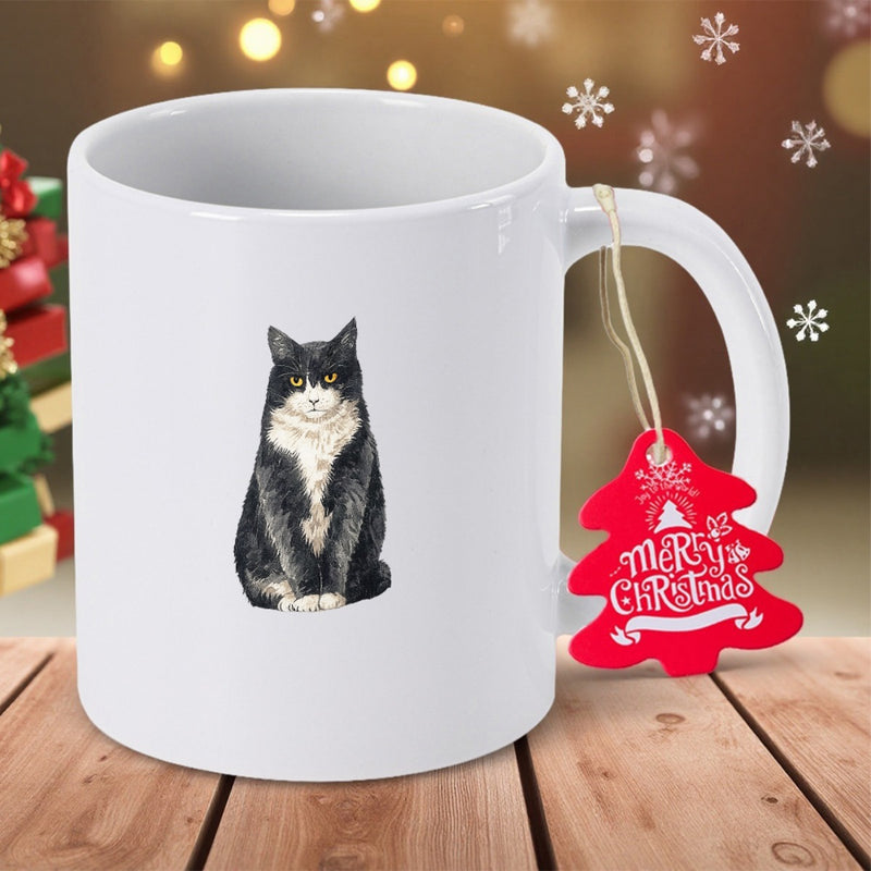 Tailorly White Ceramic 11 oz Mug - Merry Christmas Sitting Black And White Tuxedo Feline With Attentive Eyes Cat