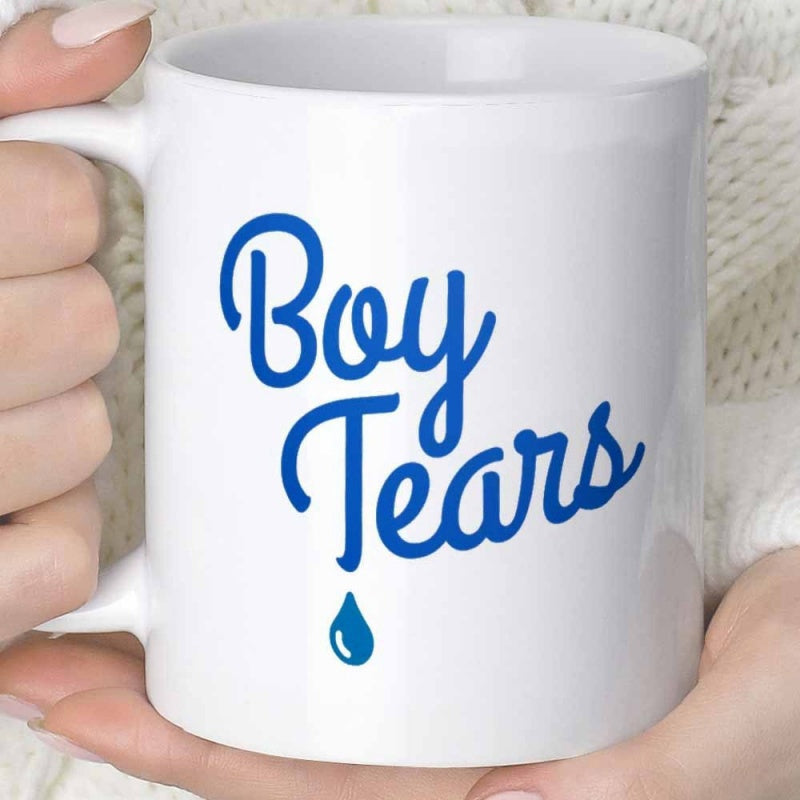 Tailorly White Ceramic 11 oz Mug - Boy Tears Curvy Blue Script Lettering With A Single Falling Droplet Mug