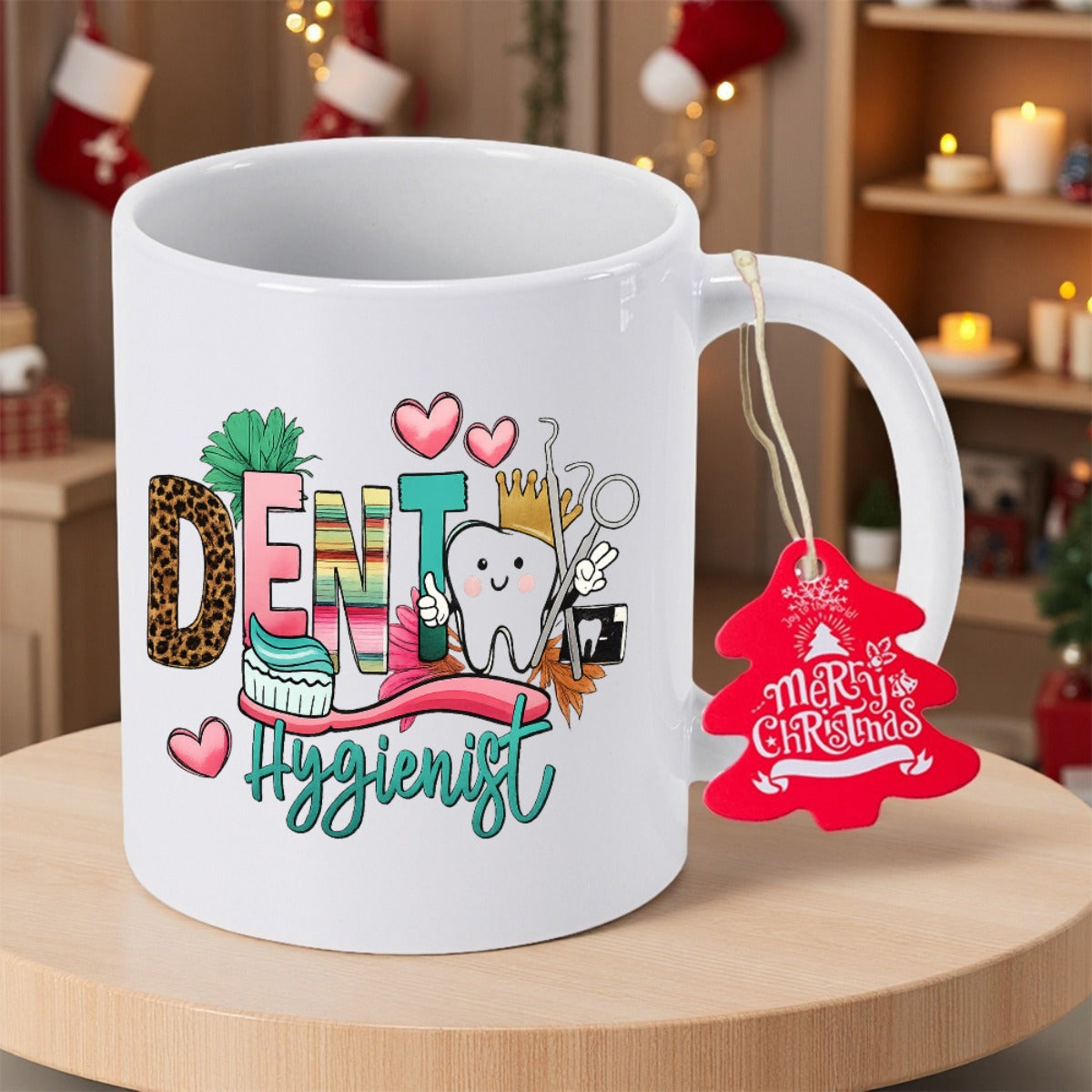 Tailorly White Ceramic 11 oz Mug - Dent Hygienist Merry Christmas Smiling Cartoon Tooth Character Surrounded By Dental Tools And Hearts Tooth