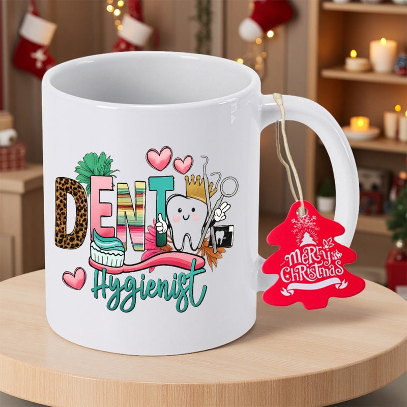 Tailorly White Ceramic 11 oz Mug - Dent Hygienist Merry Christmas Smiling Cartoon Tooth Character Surrounded By Dental Tools And Hearts Tooth