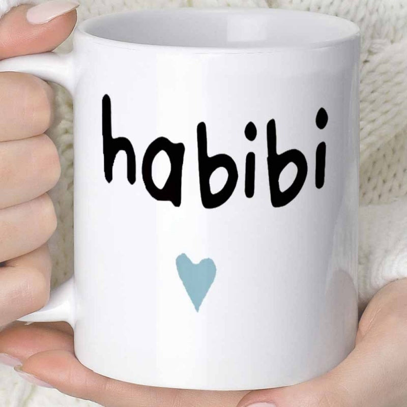 Tailorly White Ceramic 11 oz Mug - Simple Minimalist Blue Heart Floating Beneath Bold Playful Black Handwritten Font Heart