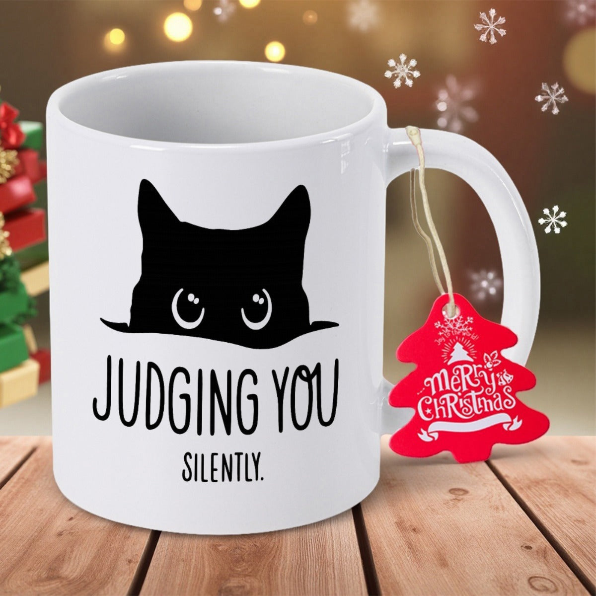 Tailorly White Ceramic 11 oz Mug - Judging You Silently Curious Black Cat Peeking Over Edge With Large Mysterious Eyes Cat