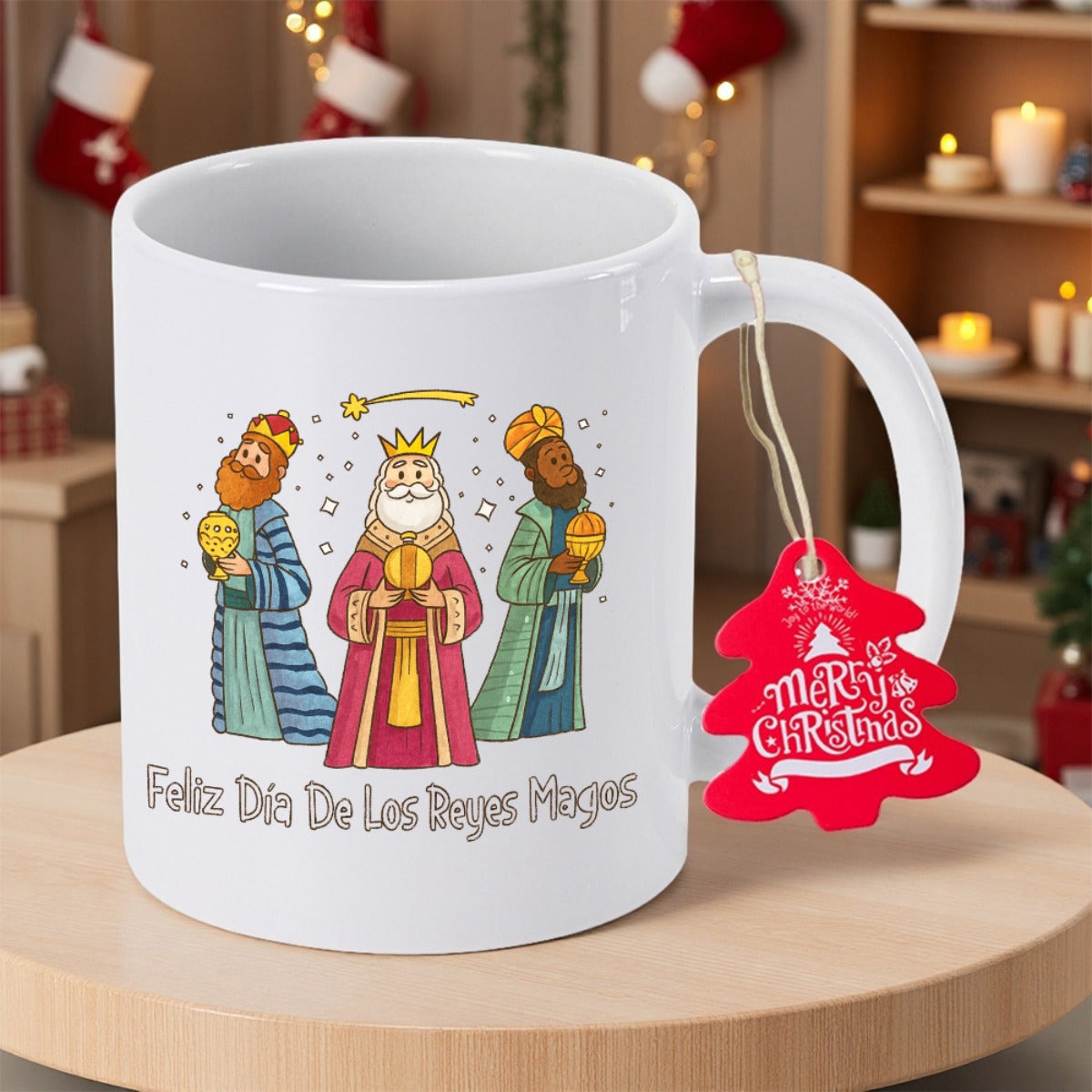 Tailorly White Ceramic 11 oz Mug - Merry Christmas Three Ancient Kings Carrying Golden Gifts Under A Shining Star King