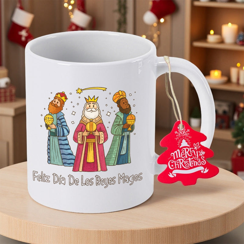Tailorly White Ceramic 11 oz Mug - Merry Christmas Three Ancient Kings Carrying Golden Gifts Under A Shining Star King