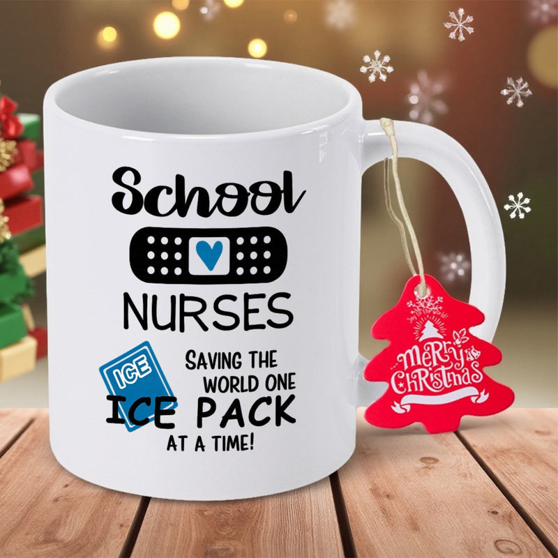 Tailorly White Ceramic 11 oz Mug - School Nurses Saving The World One Ice Pack At A Time Minimalist Bandage With Heart And Cool Blue Ice Pack Mug