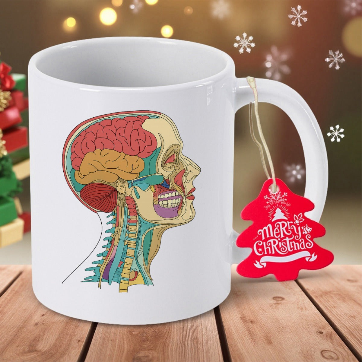 Tailorly White Ceramic 11 oz Mug - Merry Christmas Detailed Anatomical Cross Section Of Human Brain And Skull Structure Head
