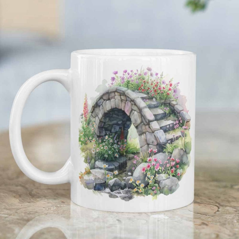Tailorly White Ceramic 11 oz Mug - Rustic Arched Stone Path Crossing A Peaceful Stream With Wildflowers Bridge