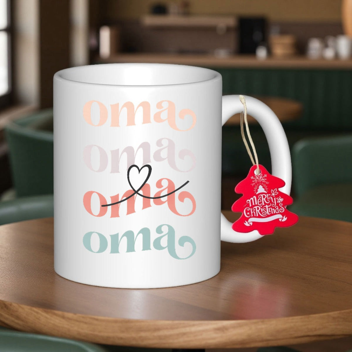 Tailorly White Ceramic 11 oz Mug - Oma Retro Wavy Lettering Featuring Delicate Hand Drawn Minimalist Heart Line Mug