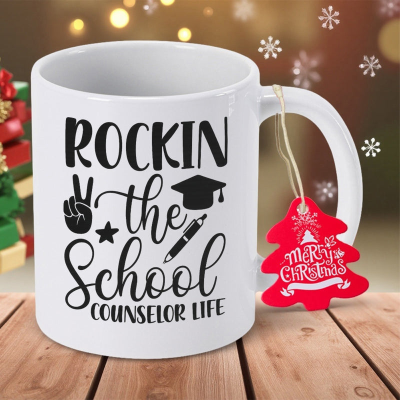 Tailorly White Ceramic 11 oz Mug - Rockin The School Counselor Life Artistic Graduation Cap With Peace Sign Symbol And Decorative Star Pen Mug