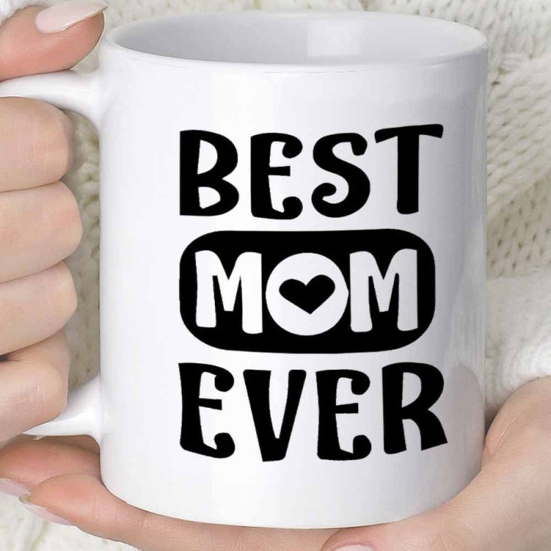 Tailorly White Ceramic 11 oz Mug - Best Mom Ever Minimalist Bold Black Decorative Typography Featuring Centered Heart Symbol Mug