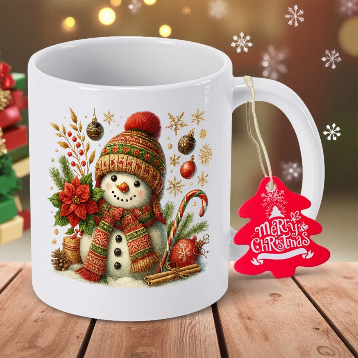 Tailorly White Ceramic 11 oz Mug - Merry Christmas Festive Holiday Scene With Pine Cones Berries And Snowflakes Surrounding A Snowman
