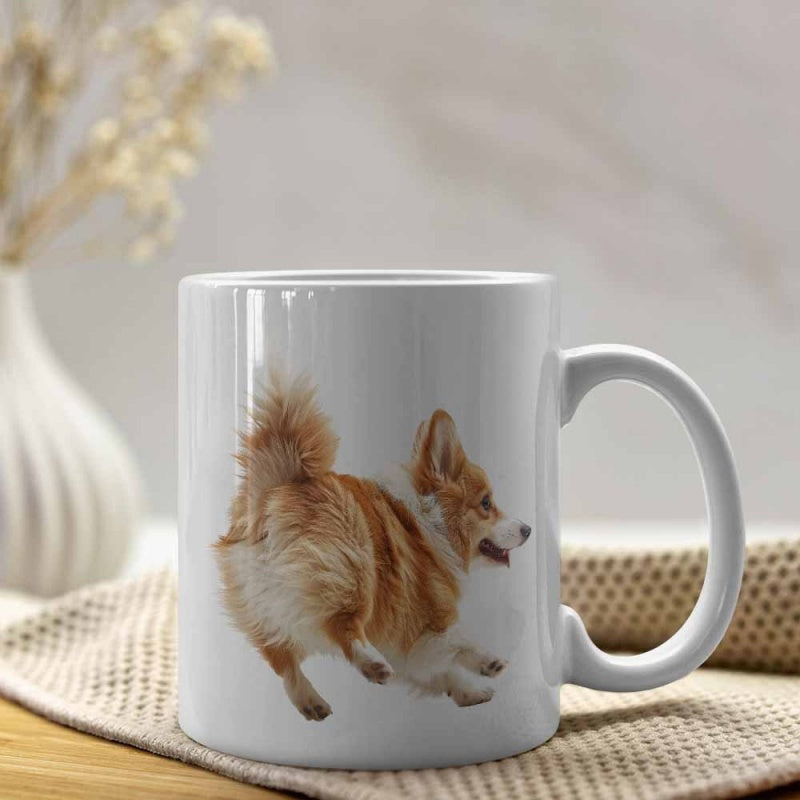 Tailorly White Ceramic 11 oz Mug - Fluffy Orange And White Dog Jumping Through The Air Energetic Corgi