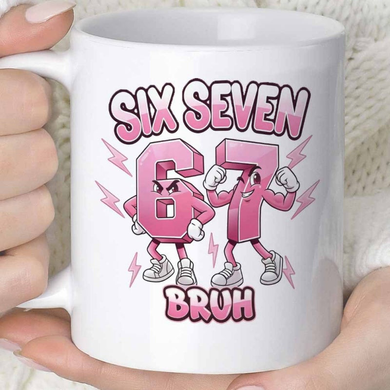 Tailorly White Ceramic 11 oz Mug - Six Seven Bruh Pink Cartoonish Flexing Figures Displaying Power Within Scattered Electric Lightning Numbers