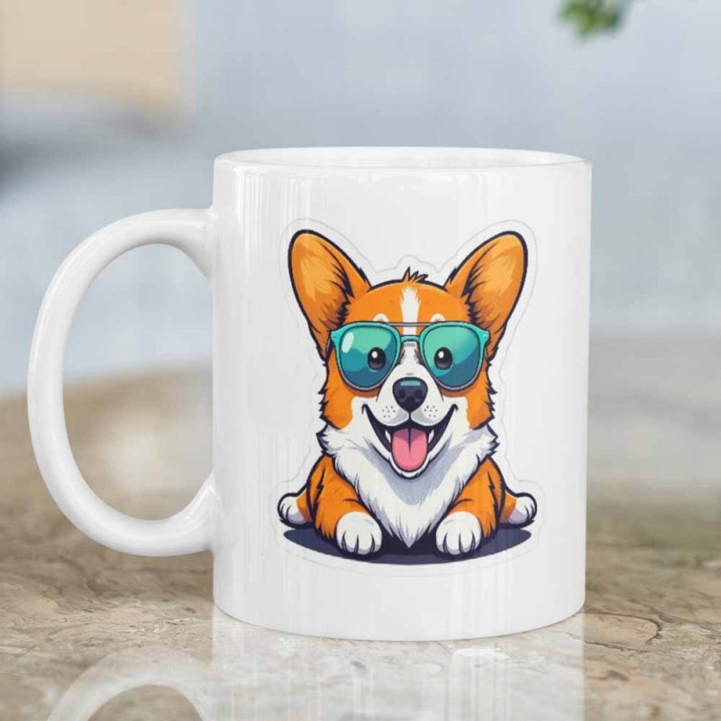Tailorly White Ceramic 11 oz Mug - Adorable Cartoon Puppy Sitting With Stylish Teal Sunglasses Smiling Corgi
