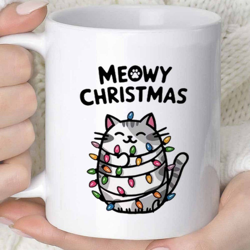 Tailorly White Ceramic 11 oz Mug - Meowy Christmas Adorable Tabby Wrapped In Colorful Festive Glowing Holiday Lights Cat