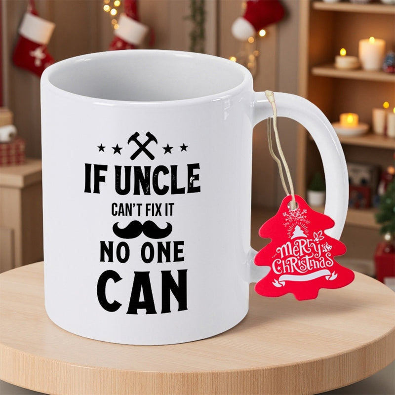 Tailorly White Ceramic 11 oz Mug - If Uncle Can't Fix It No One Can Bold Black Industrial Typographic Art Featuring Crossed Tools Stars And Mustache Hammer