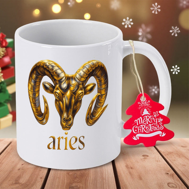 Tailorly White Ceramic 11 oz Mug - Aries Detailed Golden Metallic Ram Head Featuring Curved Horns Majestic Ram