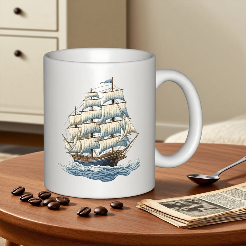 Tailorly White Ceramic 11 oz Mug - Majestic Vintage Vessel Gliding Through Rolling Ocean Waves Under Open Skies Sailboat