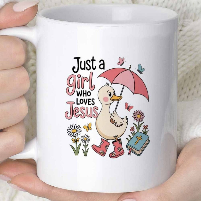 Tailorly White Ceramic 11 oz Mug - Just A Girl Who Loves Jesus Cute Cartoon Carrying Pink Umbrella Walking Through A Floral Garden Duck