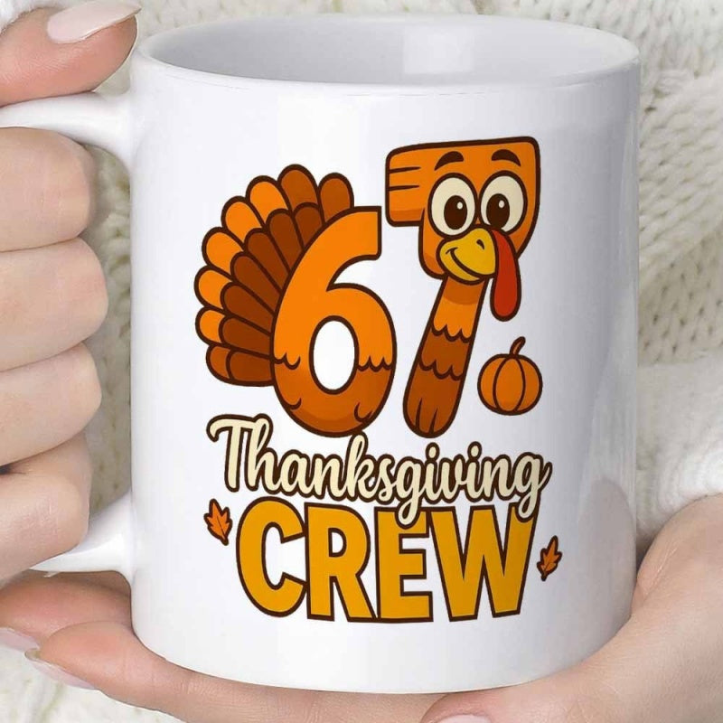 Tailorly White Ceramic 11 oz Mug - Thanksgiving Crew Festive Cartoon Illustration Featuring Small Pumpkin And Autumn Leaves Turkey
