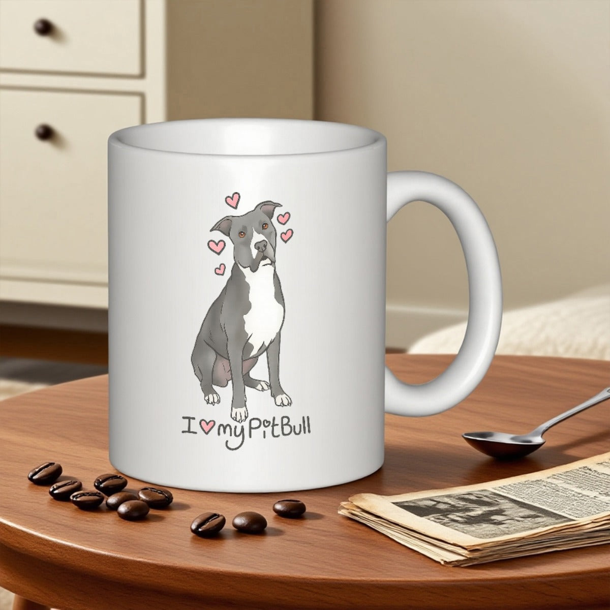 Tailorly White Ceramic 11 oz Mug - I My Pitbull Loyal Grey And White Sitting Dog Surrounded By Floating Pink Hearts Pitbull