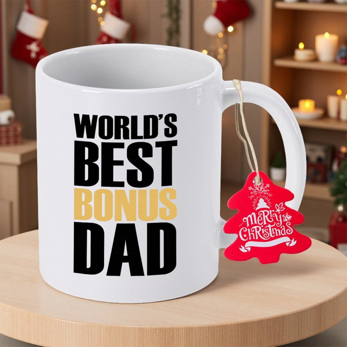 Tailorly White Ceramic 11 oz Mug - Worlds Best Bonus Dad Classic White Ceramic Material Standing On A Wooden Surface Handle Mug