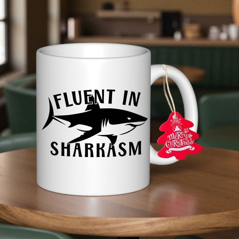 Tailorly White Ceramic 11 oz Mug - Fluent In Sharkasm Minimalist Black Silhouette Swimming In White Space Graphic Shark