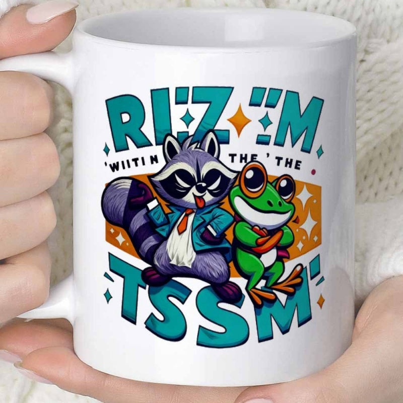 Tailorly White Ceramic 11 oz Mug - Rizzm Within The Tssm Dressed Cartoon Raccoon Standing Beside Large Eyed Green Frog Raccoon
