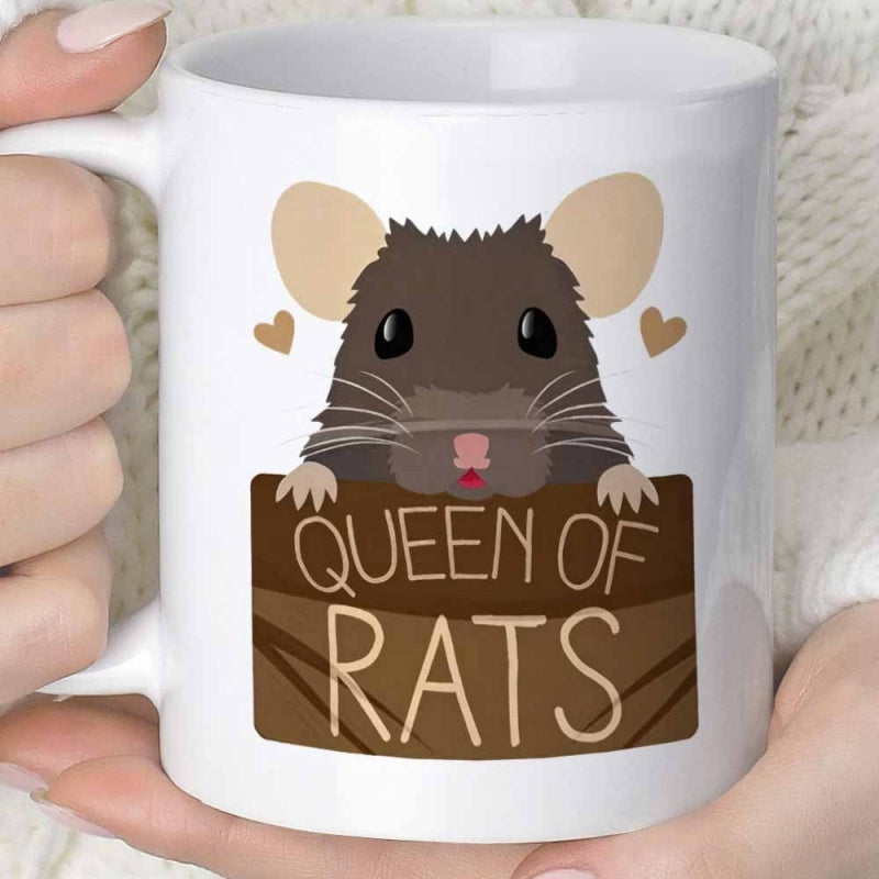 Tailorly White Ceramic 11 oz Mug - Queen Of Rats Adorable Brown Furry Rodent Peeking Over Rustic Wooden Sign With Hearts Rat