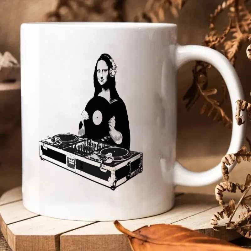 Tailorly White Ceramic 11 oz Mug - Classical Portrait With Headphones Mixing Music On Digital Turntable Mona Lisa